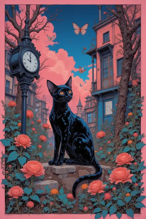 CMYK palette, printed poster style, matte ink, offset print aesthetic,collage,flower,clock,small black cat,butterfly