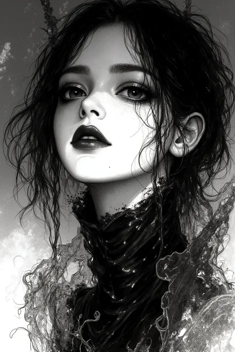 black and white,detailed lineart portrait of a gothic girl in fog, high line density, subtle grayscale tones, fine ink hatching, dark shadows, mono sketch style