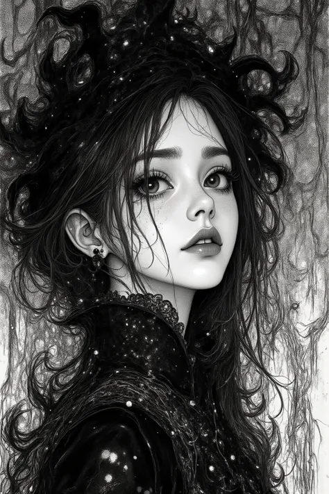black and white,detailed lineart portrait of a gothic girl in fog, high line density, subtle grayscale tones, fine ink hatching, dark shadows, mono sketch style