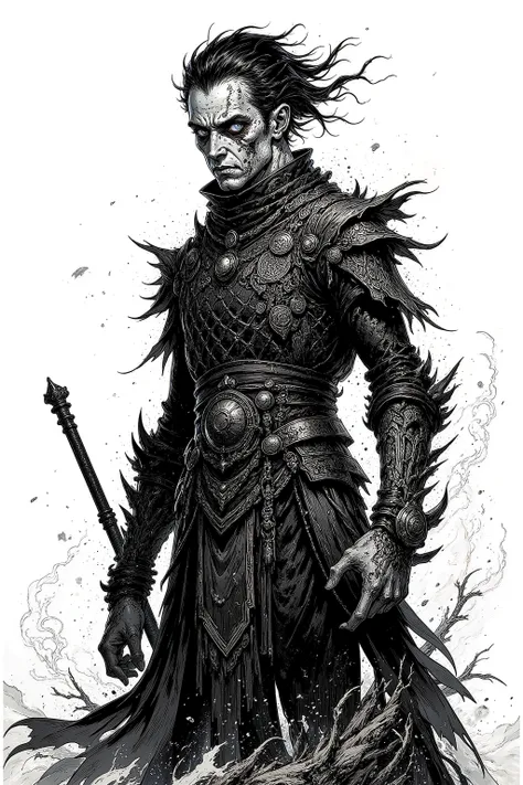 black and white,dark fantasy warrior with scarred face, deep black ink shadows, scale skin texture, low saturation palette, high detail linework, mono sketch style