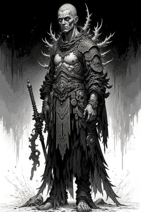 black and white,dark fantasy warrior with scarred face, deep black ink shadows, scale skin texture, low saturation palette, high detail linework, mono sketch style