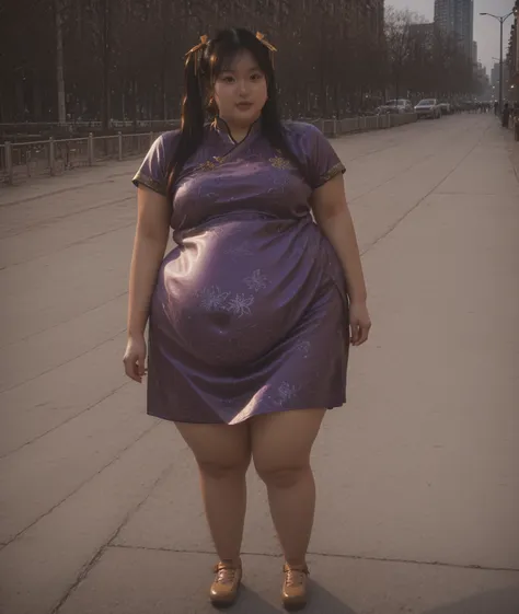 masterpiece, solo, best, quality, A full body image of a jolly Asian girl with long black hair styled in two twin tails, brown eyes and olive skin, standing outside. She is grotesquely and immensely obese with an enormous belly that looks overdue with mult...
