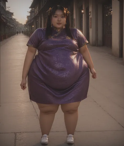 masterpiece, solo, best, quality, A full body image of a jolly Asian girl with long black hair styled in two twin tails, brown eyes and olive skin, standing outside. She is grotesquely and immensely obese with an enormous belly that looks overdue with mult...