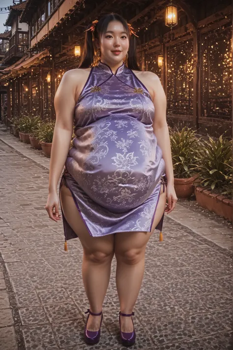 masterpiece, solo, best, quality, A full body image of a jolly Korean girl with long black hair styled in two twin tails, brown eyes and olive skin, standing outside. She is grotesquely and immensely obese with an enormous belly that looks overdue with mul...