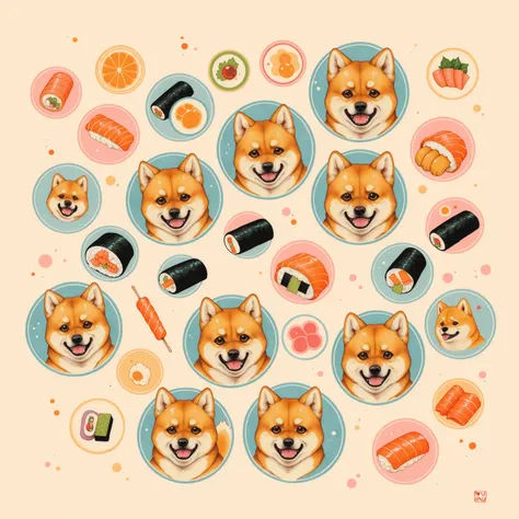 (Flat design:1.0), (washi paper texture:1.1), Japanese watercolor painting style, circular composition, clean lines, crisp edges, vibrant colors, cute, happy face, minimal color palette, solid color background

(Shiba Inu face as food icon:1.3), Japanese f...