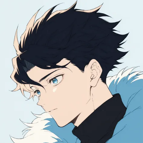 boy, blue eyes, black hair, spiky hair, fluffy hair, blue background, black tshirt turtleneck, blue coat
