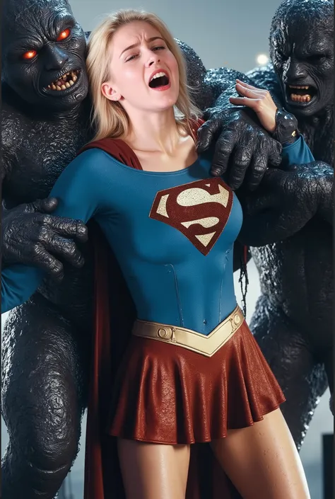 Helen Slater as supergirl、24 years old、small face、big breasts、cute beautiful woman with long blond hair, (light blue bodysuit，she's wearing long-sleeved light blue tight-fitting clothes), Red Super Mini Skirt、In the chest "S" Emblem of、
((Supergirl has her...