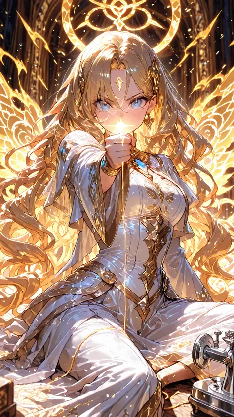 Masterpiece, fine trait, ultra detailed, best quality newest, 1girl goddess Soul Tailor, wery long long long golden wavy golden hair, nice cristallinne lightblue eyes,pose action, sitting front to magical-divine sewing machine, she uses memories and emotio...