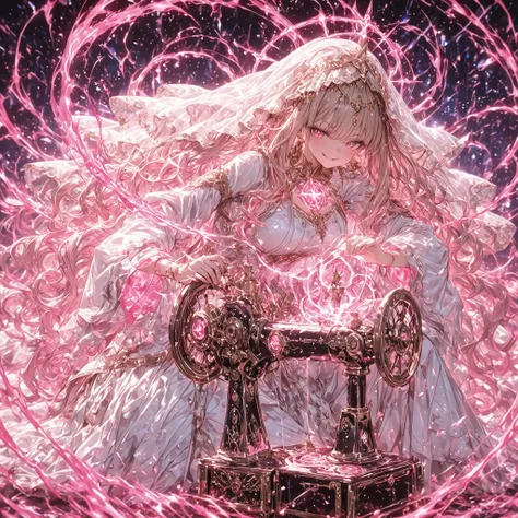 Masterpiece, fine trait, very-ultra detailed, best quality newest, 1girl goddess Soul Tailor, smirk, wery long long long pink wavy golden hair, nice cristallinne lightblue goddess-eyes,pose action, sitting front to magical-divine sewing machine, she uses ...