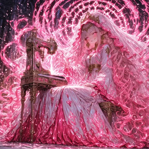 Masterpiece, fine trait, very-ultra detailed, best quality newest, 1girl goddess Clotho the weaver of life, smirk, wery long long long pink wavy golden hair, nice cristallinne lightblue goddess-eyes,pose action, sitting front to magical-divine sewing mach...