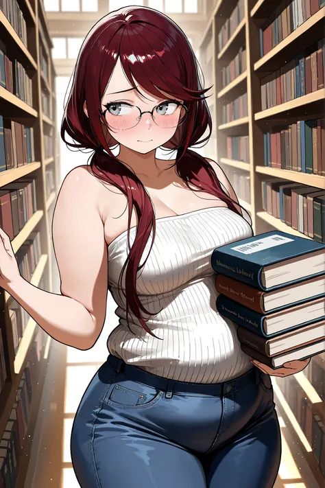 (masterpiece:1.2, Best Quality), (finely detailed beautiful eye: 1.2), (beautiful detailed face), close up, torso focus, ((carrying heavy stack of books in front of her which press into her soft body)), books pressing against her belly, glasses, 1girl, sh...
