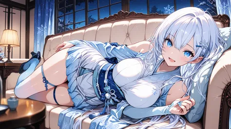 masterpiece, best quality, high resolution, 32k,(1girl)(whiteCULvvmiky, white hair, very long hair, flower hairclip, snowflake earrings, white short kimono, shoulder cutout, bridal gauntlets, kimono skirt, obi, obijime, snowflake hair ornament, blue nail ...