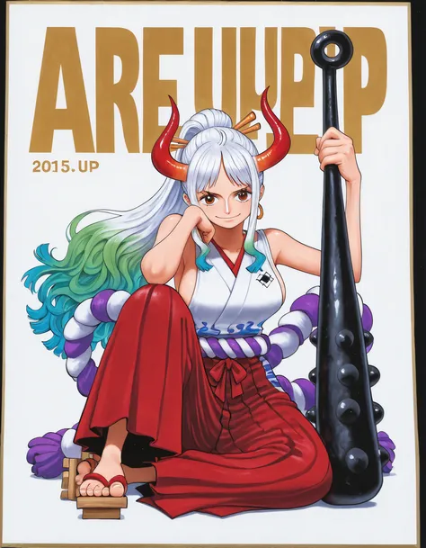 1girl,solo,yamato (one piece),(ared up:1.5), weapon,japanese clothes,club (weapon),horns,kanabou,holding,multicolored horns,hakama,multicolored hair,long hair,curled horns,holding weapon,sleeveless kimono,oni,breasts,sleeveless,looking at viewer,cover,gree...