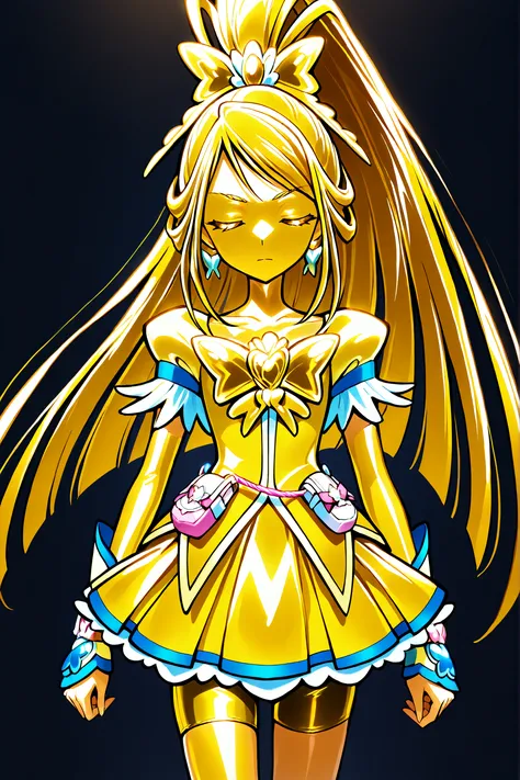 Cure Aqua, masterpiece, top quality, Newest, very high resolution with glasses in one hand, closed eyes, gold髪, jaundice, closed mouth, no students, Yellow skin, glossy skin, gold属の肌, black eyebrow, Drooping eyebrows, 1girl, solo, Cowboy Shot, is standi...