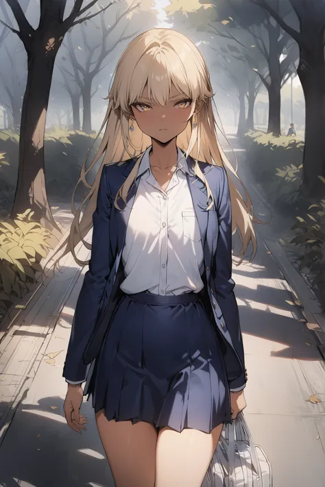 ((masterpiece,top quality:1.2)),(Super-resolution),(1gir),slender,((Female high school girl staring at me while walking in the park during the day)),beautiful skin,(((tanned skin))),(((thin thighs))),(((Long Golden Hair))),perfect golden eyes, tree eyes ,S...
