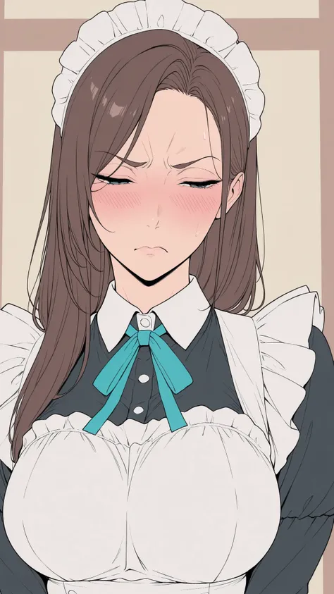 flat art ,flat color , solo, 1girl, line art,maid cafe、maid outfit、brown hair、long hair、it's embarrassing,staring at people、half-closed eyes,bad mood