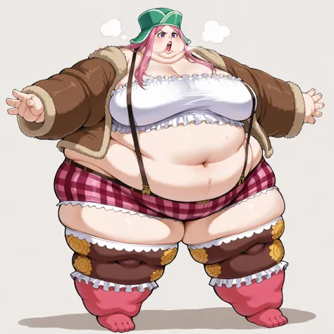 jewbonney, purple eyes, pink hair, long hair, suspender shorts, suspenders frilled shirt, crop top, strapless, green headwear, make up, lipstick, white shirt, short shorts, multicolored thighhighs, print legwear, plaid shorts, striped shorts, v-shaped eyeb...