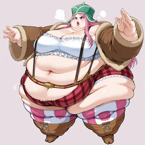 jewbonney, purple eyes, pink hair, long hair, suspender shorts, suspenders frilled shirt, crop top, strapless, green headwear, make up, lipstick, white shirt, short shorts, multicolored thighhighs, print legwear, plaid shorts, striped shorts, v-shaped eyeb...