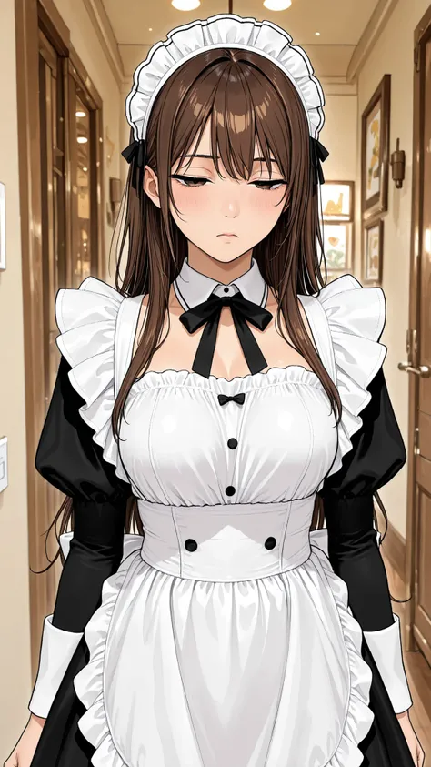 solo, 1girl, line art,maid cafe、maid outfit、brown hair、long hair、it's embarrassing,staring at people、half-closed eyes,bad mood