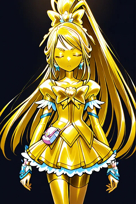 Cure Aqua, masterpiece, top quality, Newest, very high resolution with glasses in one hand, closed eyes, gold髪, jaundice, closed mouth, no students, Yellow skin, glossy skin, gold属の肌, black eyebrow, Drooping eyebrows, 1girl, solo, cowboy shot, is standi...