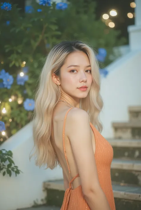 hyperrealistic 8K morning view portrait。 on the illuminated outdoor staircase Young woman standing。 use the exact same face as the reference photo、100 facial skeletal parts％Match。 Natural Skin Texture、soft nightmakeup、 clear eyebrows 、Warm blush、glossy nat...