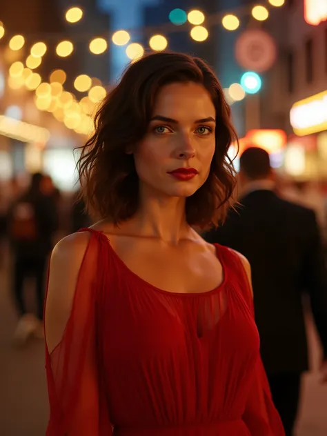 A photorealistic portrait of rebecca ferguson, a 20 year old woman with wavy, shoulder-length dark hair, red lipstick, striking blue eyes, wearing a sexy, deep red chiffon dress with round neckline, and semi-transparent, flowing sleeves. She stands confide...