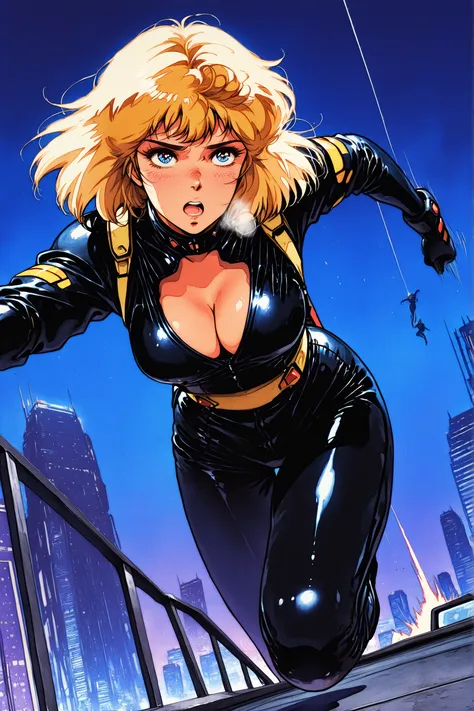 (masterpiece, High Quality, High Quality, so beautiful, Newest, detailed display,:1.2), retro artstyle,1980s (style), kisugi_hitomi\(cats_eye\), 1girl, frying jump, agent, Running through the sky, Dynamic Pose, futuristic clothes, yellow hair, bob hair, b...