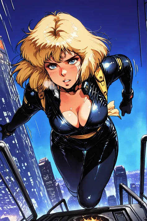 (masterpiece, High Quality, High Quality, so beautiful, Newest, detailed display,:1.2), retro artstyle,1980s (style), kisugi_hitomi\(cats_eye\), 1girl, frying jump, agent, Running through the sky, Dynamic Pose, futuristic clothes, yellow hair, bob hair, b...