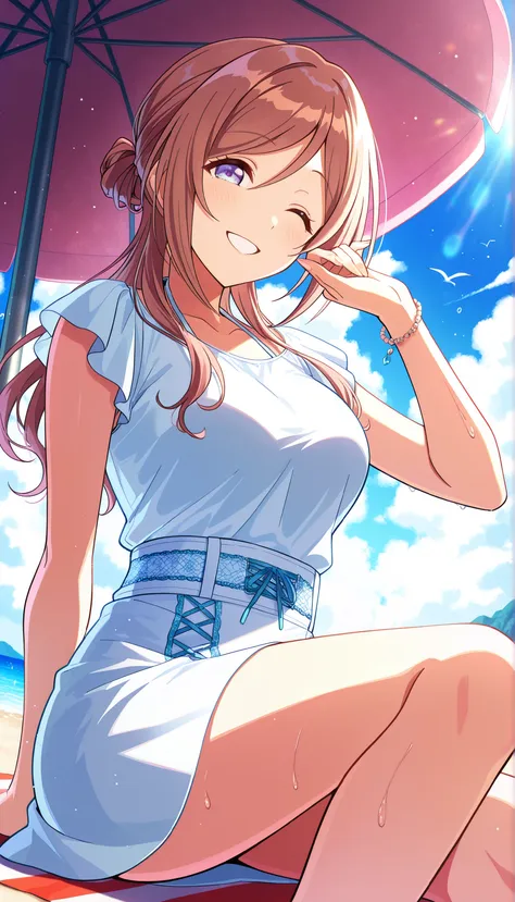 ((Himesaki Rinami)),Wink,White skirt,White no sleeve shirt,beach,((medium Breast)),thigh,((low angle)),((sit down)),Ulchan-6500-v1.1, ( RAW photos :1.2), beautiful detailed, very detailedな目 美しい目,beautiful blue eyes, Large File Size, high resolution, very d...