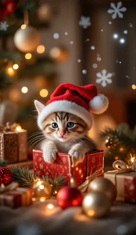 A cute kitten peeking out of a Christmas gift box, surrounded by glowing fairy lights, festive ornaments, and sparkling snowflakes, wearing a tiny Santa hat, cozy and heartwarming fantasy scene, soft lighting, full-frame