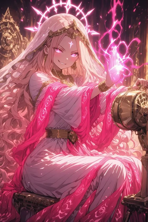 Masterpiece, fine trait, very-ultra detailed, best quality newest, 1girl goddess Clotho the weaver of life, smirk, wery long long long pink wavy golden hair, nice cristallinne lightblue goddess-eyes,pose action, sitting front to magical-divine sewing mach...