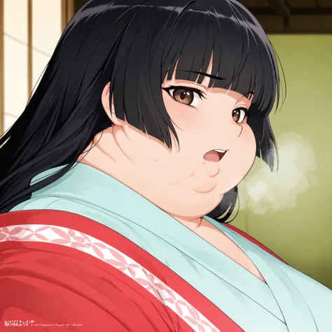 score_9, score_8_up, score_7_up, score_6_up, score_5_up, score_4_up, BREAK, source_anime, 1girl, kagomehigurashi, bangs, black hair, long hair, brown eyes, wearing a kimono
,masterpiece,best quality,amazing quality,bulging belly, fat, chubby, obese, open m...