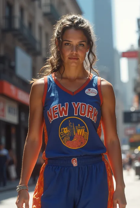 Woman wearing a New York basketball jersey in blue and orange 