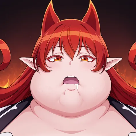 hair horns, curly hair, very long hair, hair between eyes, red hair, orange eyes, pointy ears, colored eyelashes, masterpiece,best quality,amazing quality,bulging belly, fat, chubby, obese, open mouth, out of breath, absurdres, portrait, pov belly, straigh...