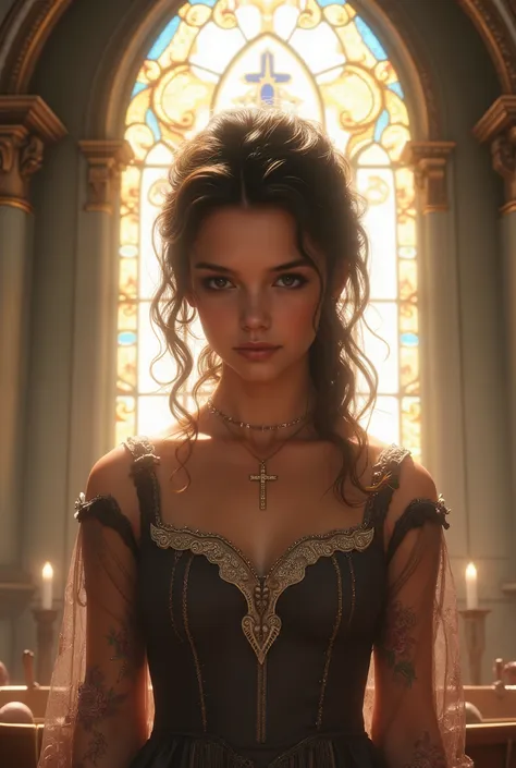  A 23-year-old girl wearing a cross necklace, Fundo de igreja  