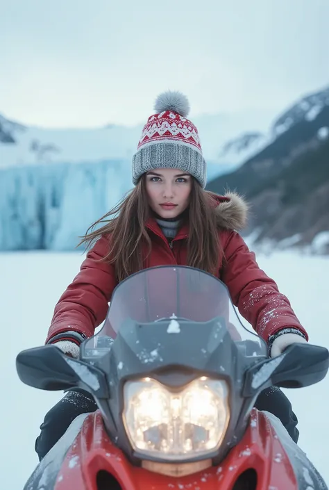   Obra-prima ， alta qualidade(  preciso e perfeito ) Multi-Exposure Winter Glacier In A Christmas Hat With Gloves She's On A Snowmobile, she's looking at the camera, inverno, neve , mulher jovem 