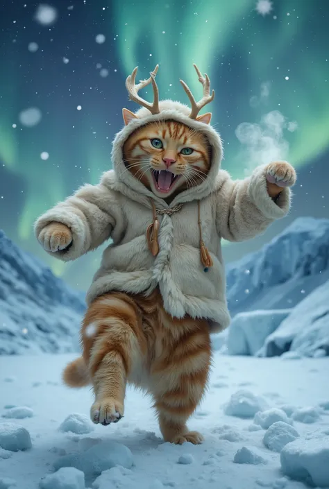In the midst of the fun, in the center of an icy desert, against the backdrop of a frosty snowstorm and shining glacier crystals, a cheerful red tabby cat in a cozy Eskimo costume dances merrily on its hind legs. His fur is soft and fluffy, shimmering unde...