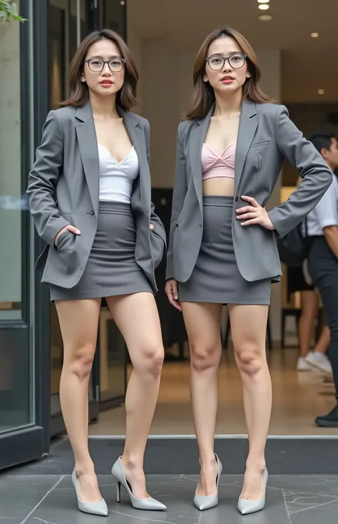 A photo-realistic 8K shot. 4 beautiful chinese fat chubby young girls. fat thighs, fat legs, working as bank teller. light cotton sheer bra. deep v cut tight dark gray office blazer with off shoulder reveal light cotton sheer bra. they wear mini skirt. out...