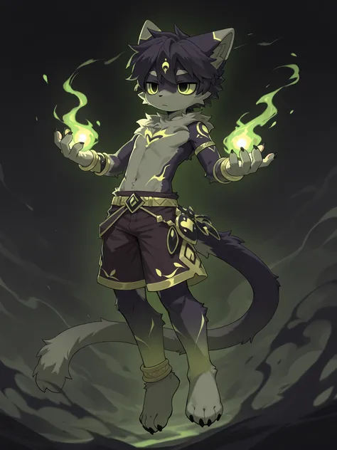 1boy,solo,furry,anthro cat boy, furry,少年の体型, slim build,
shirtless, smooth chest, non-sexual,
long tail floating in the air, tail surrounded by thin mist,
mysterious purple and yellow-green gradient glow, bewitching colors,
black sharp claws on hands, hand...
