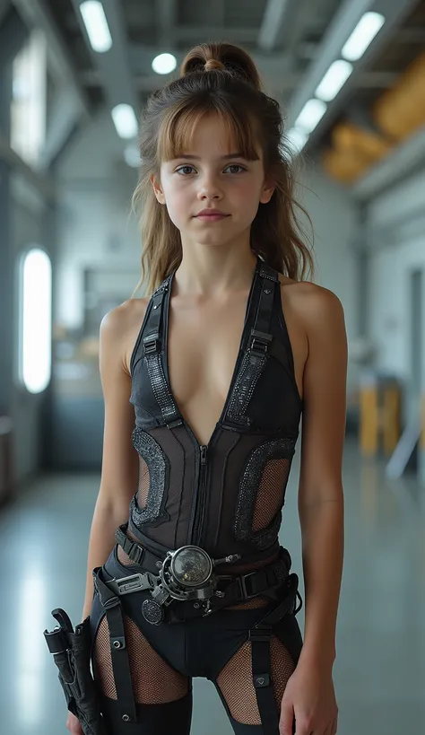 High-quality full-length photo of a ten-year-old girl, in the image of a space fleet engineer, in a tight-fitting, thin and elastic, smaller than the equipment needs, made of super-thin high-tech material with transparent inserts all over the girl's body a...