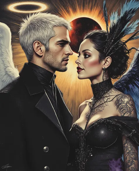 color contrast, hyperrealistic poses, cinematographic photography , detailed, best quality , High resolution , intricate details, vivid colors , detailed Style Photography Hyperrealism oil painting portrait of a creepy yet beautiful mystical couple , ((( b...