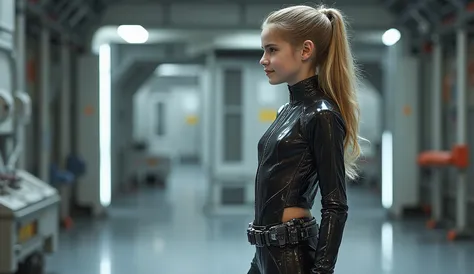 High-quality full-length photo of a ten-year-old girl, in the image of a space fleet engineer, in a tight-fitting, thin and elastic, smaller than the equipment needs, made of super-thin high-tech material with transparent inserts all over the girl's body a...