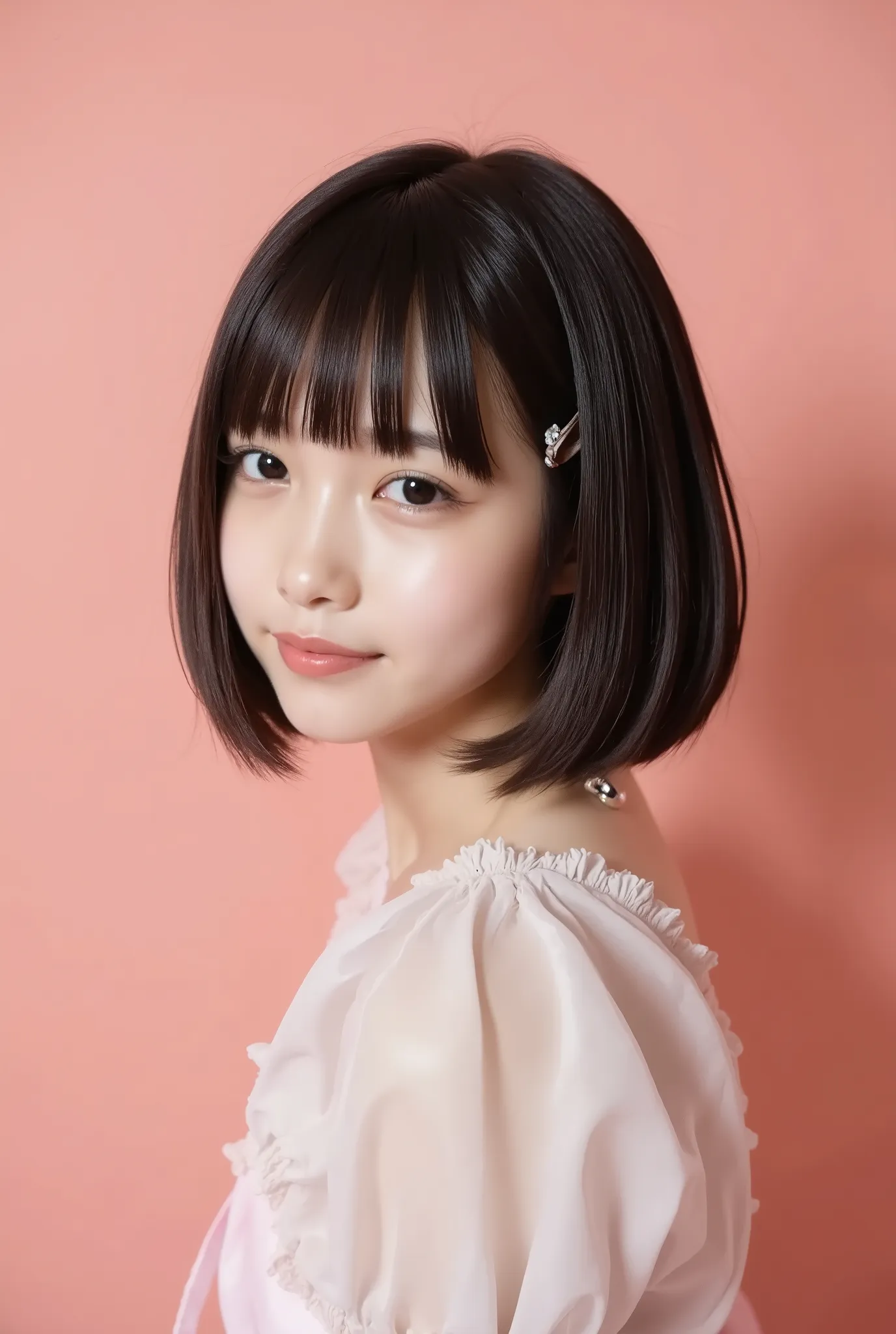 (masterpiece:1.2), (top quality:1.2), 8k, super real, (((one girl wearing gothic lolita fashion)))、dark brown bob、((The background is pale pale coral pink))、Smile、(((angle in front)))、((blur background))、((to her forehead))、