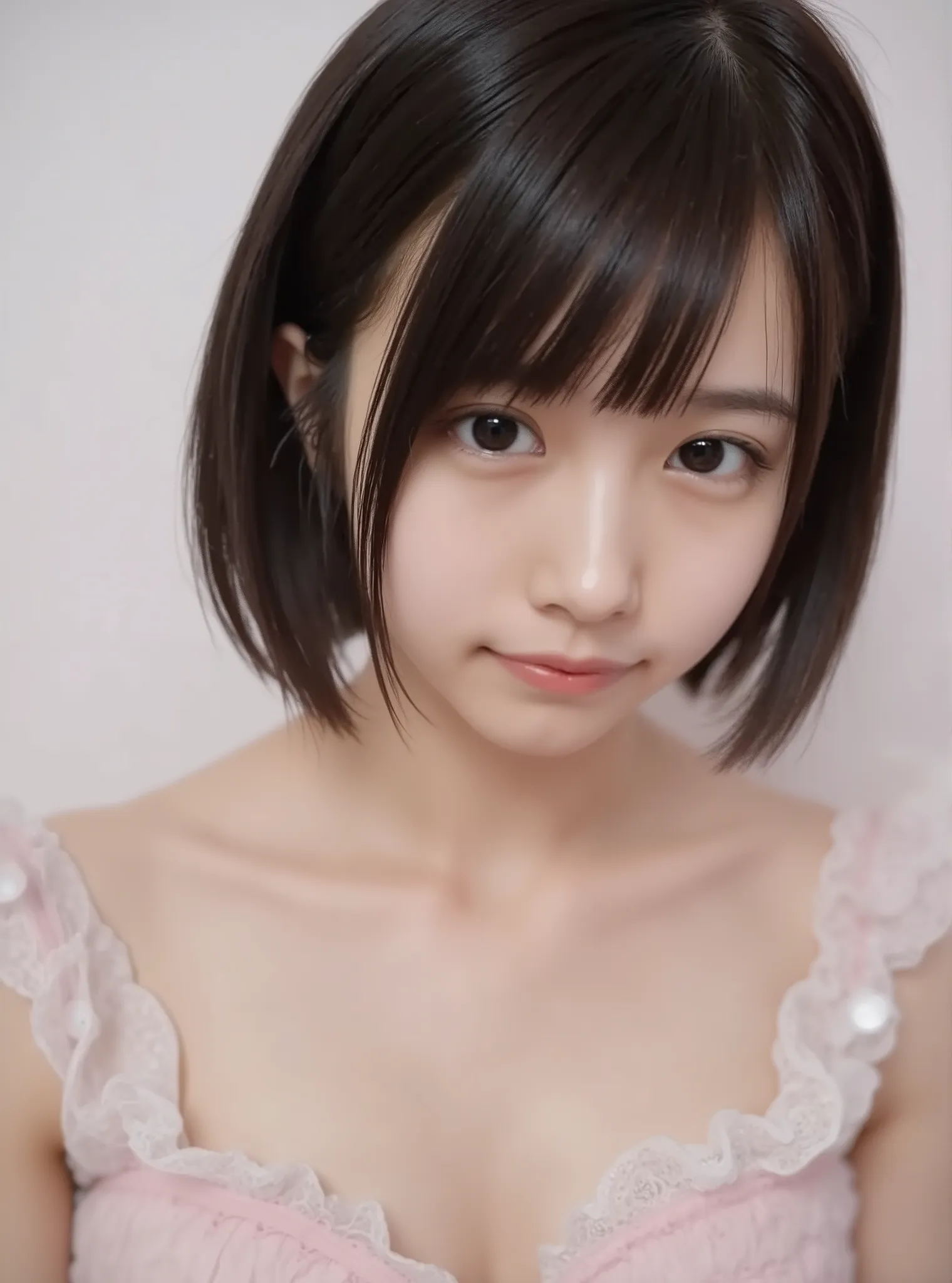 high image quality、masterpiece、realistic、((please make the correct human body structure))、(((angle in front)))、 (((gothic lolita fashion)))、dark brown bob、((Background is pale coral pink))、Smile、(((angle in front)))、((blur background))、((eye closeup shot))...