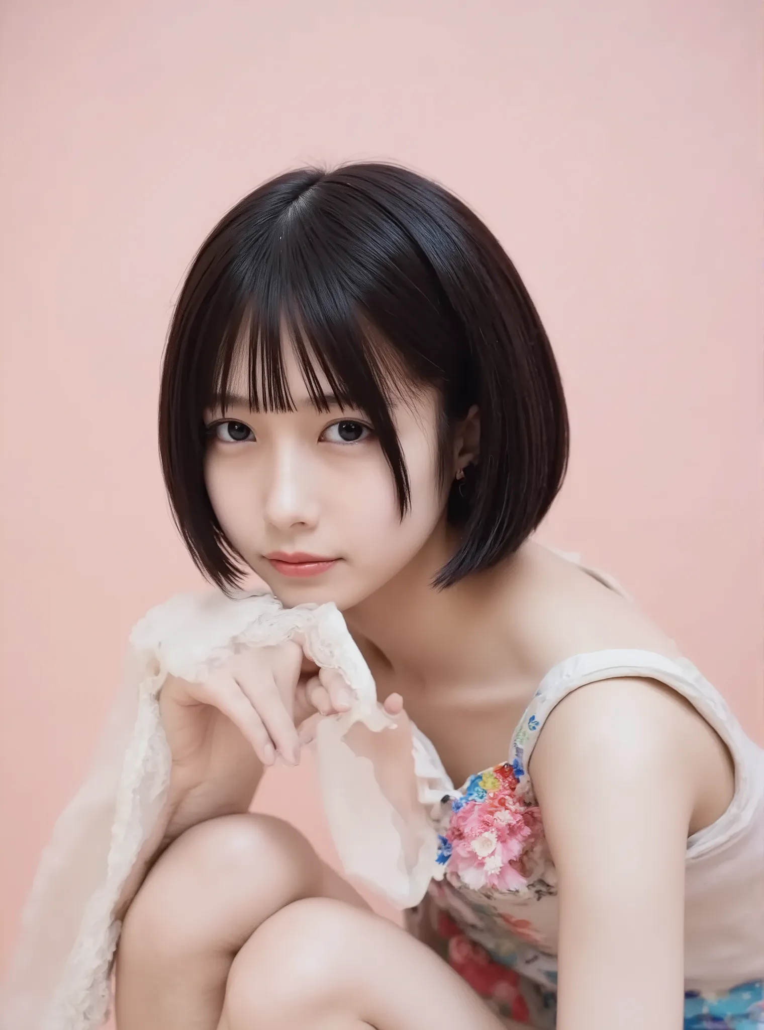 (Dark brown random bob haired woman)、white skin、(((Gothic Lolita fashion))),portrait、((Focus on eyes)),(((angle in front))), has a pale pink background、((Focus on eyes)),