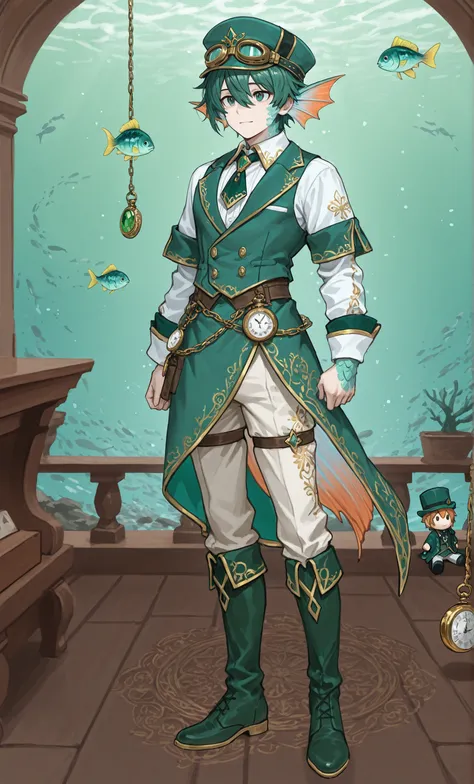 Male Doll, in drawn 。, stand upright , eXquisitely decorated, fantasy male idol and teal with the theme of wind magic and green fish(emerald green)and gold costume. His skin is pale teal in cheeks and shining fish scales everywhere, greenish tints, in、e...