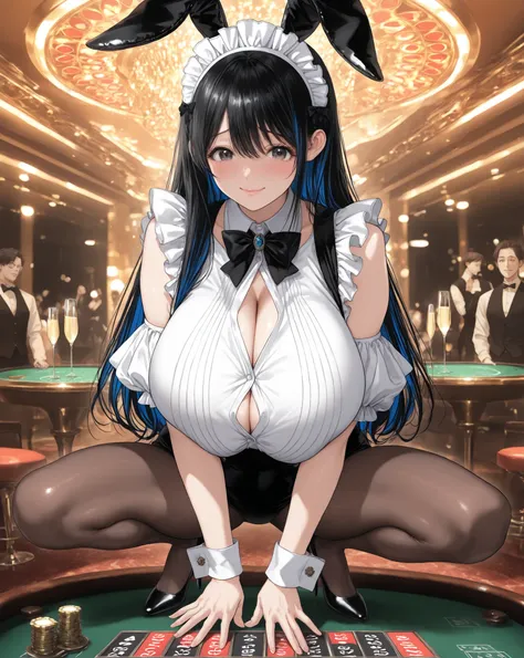 black hair, long hair, black eyes,iroaka,,score_9, score_8_up, score_8,rating_safe,(1girl ), happiness、(ultra huge breasts),

 covered huge breasts 
,ultra detailed illustration of an elegant maid-style bunny girl waitress in an underground casino, cinemat...
