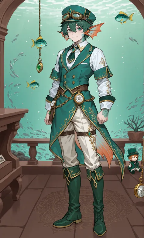 Male Doll, in drawn 。, stand upright , eXquisitely decorated, fantasy male idol and teal with the theme of wind magic and green fish(emerald green)and gold costume. His skin is pale teal in cheeks and shining fish scales everywhere, greenish tints, in、e...
