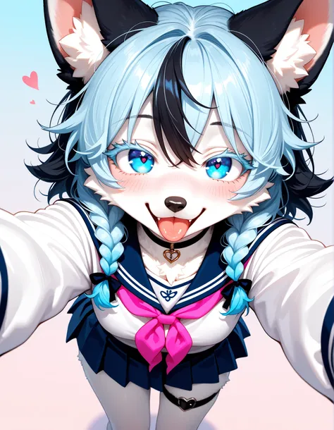 masterpiece, best quality, highres, 1girl, solo, furry, anthro, female, wolf girl, white fur, snout, light blue hair, messy hair, twin braids, black hair ribbon, animal ears, big ears, fluffy, blue eyes, colored eyelashes, blush, happy, smile, open mouth, ...