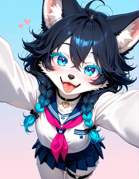 masterpiece, best quality, highres, 1girl, solo, furry, anthro, female, wolf girl, white fur, snout, light blue hair, messy hair, twin braids, black hair ribbon, animal ears, big ears, fluffy, blue eyes, colored eyelashes, blush, happy, smile, open mouth, ...